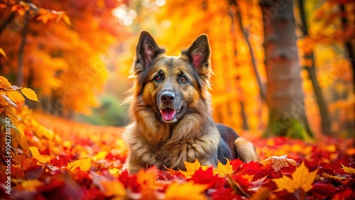 Chodsko Dog in Autumn: A Bohemian Shepherd Amidst Vibrant Red and Yellow Leaves photo