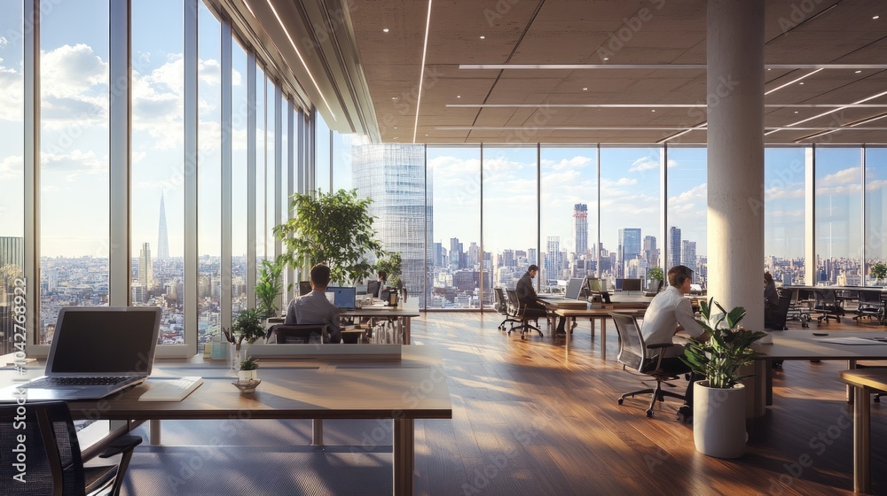 Fototapeta premium Modern Office with City Skyline View