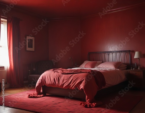  bedroom with a red bed and a red rug. photo