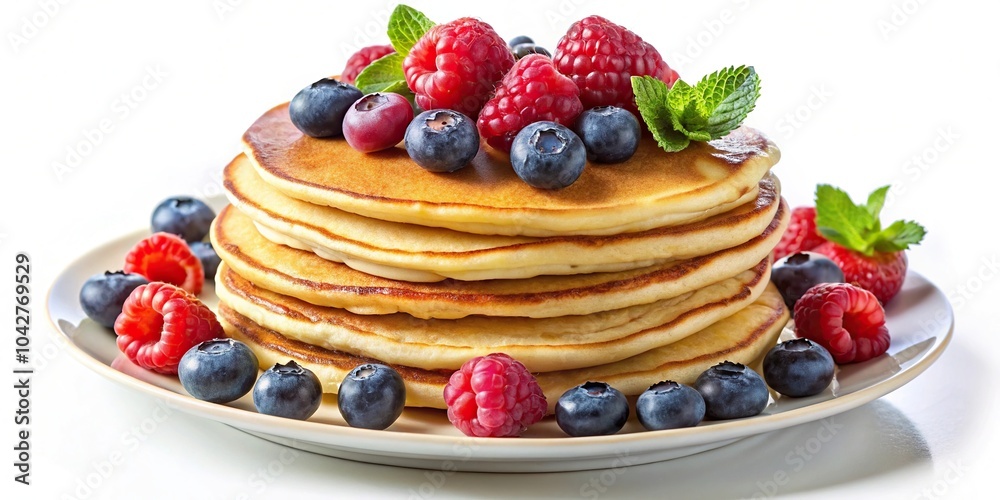 Delicious plate of pancakes with blueberries and raspberries on top Delicious plate of pancakes with blueberries and raspberries on top