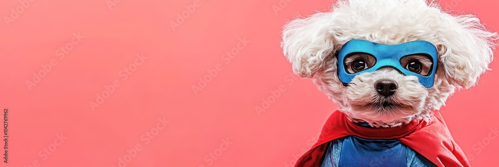 A small dog dressed as a superhero, featuring a blue mask and red cape against a pink background. A small dog dressed as a superhero, featuring a blue mask and red cape against a pink background.