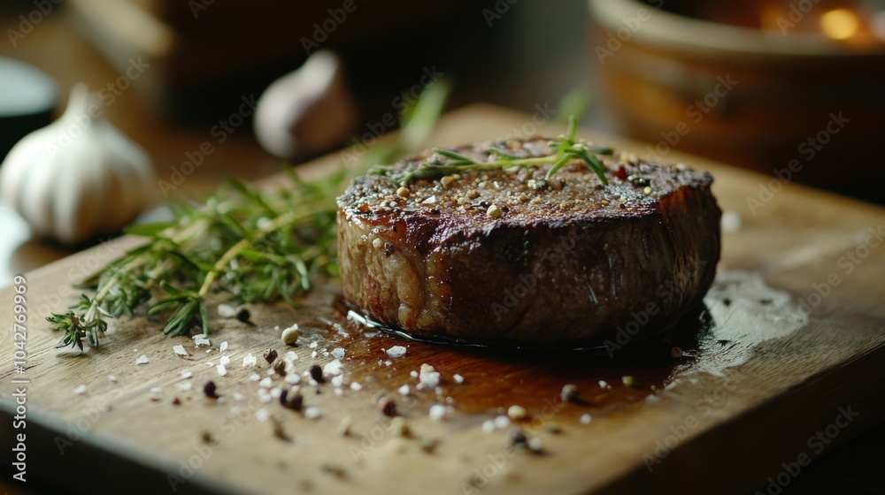 Juicy Steak on Wooden Cutting Board with Herbs Juicy Steak on Wooden Cutting Board with Herbs