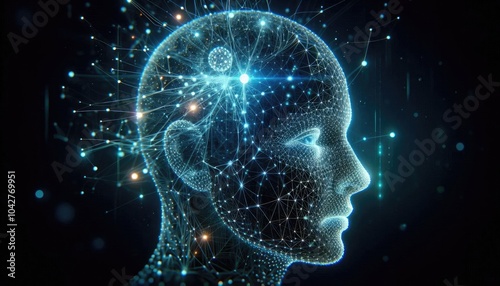 Futuristic AI Concept: Digital Human Head Composed of Neural Networks, Glowing Nodes, and Data Patterns, Representing Deep Learning, Machine Intelligence, and Technological Innovation