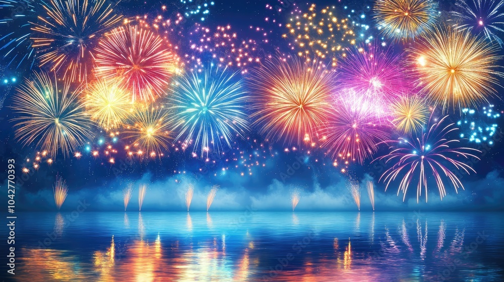 Dazzling fireworks bursting in the night sky, their bright reflections shimmering on the water below, creating a magical atmosphere Dazzling fireworks bursting in the night sky, their bright reflections shimmering on the water below, creating a magical atmosphere
