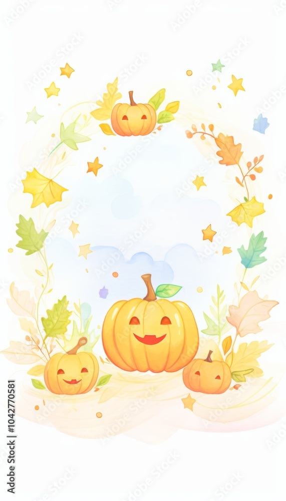 Fototapeta premium Colorful featuring cheerful pumpkins surrounded by autumn leaves and stars, perfect for fall-themed projects and seasonal decorations.