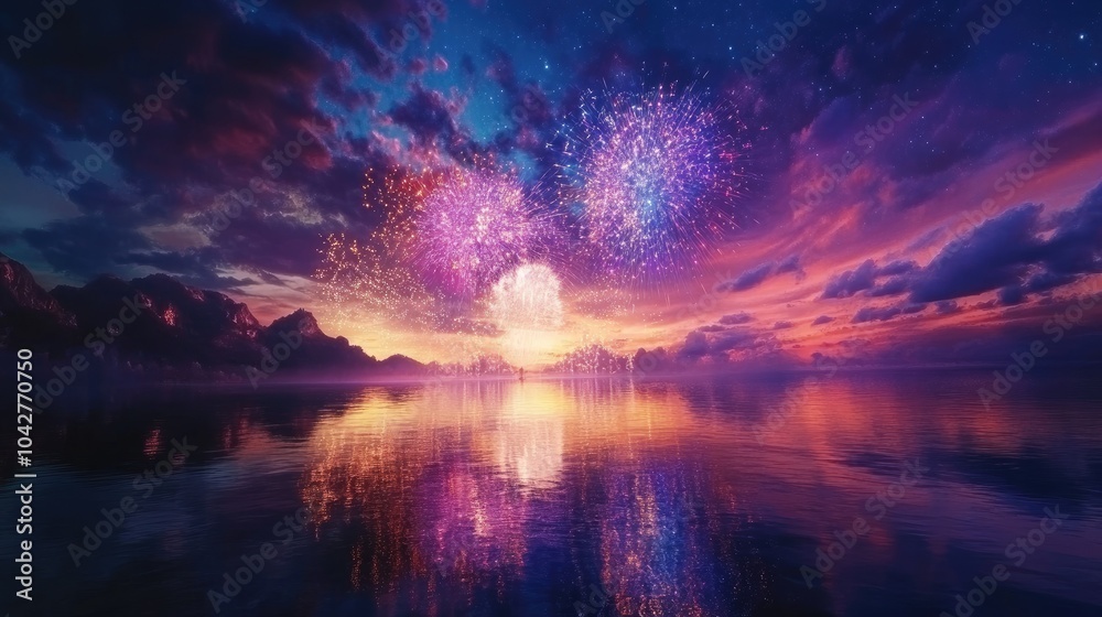 Obraz premium Fireworks lighting up the night sky with vibrant colors, reflected perfectly in a serene body of water below