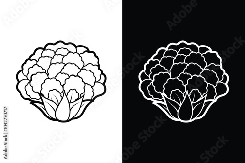 Whole and Sliced Cauliflower Icon. Thin Line Design with Editable Stroke