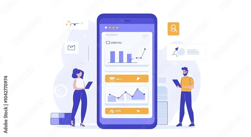 Illustration of two people interacting with a smartphone displaying data analytics. Illustration of two people interacting with a smartphone displaying data analytics.