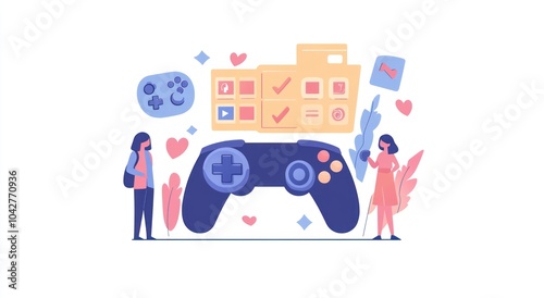 Illustration of two women interacting with a large game controller and digital elements.