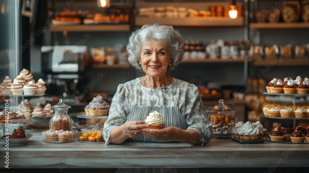 A joyful elderly woman holds a cupcake in a bakery filled with various desserts. A joyful elderly woman holds a cupcake in a bakery filled with various desserts.