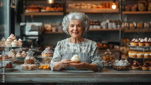 A joyful elderly woman holds a cupcake in a bakery filled with various desserts.