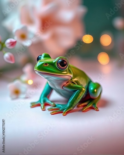 there is a frog that is sitting on a table with flowers.