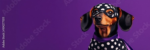 A stylish dog wearing a polka-dot outfit and mask against a purple background.