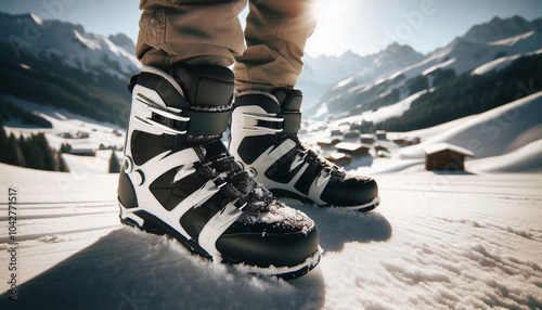 A close-up of modern snow boots on a snowy mountain slope, with alpine cabins in the background under bright sunlight photo