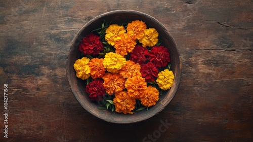 Colorful Marigolds in Rustic Bowl on Wooden Table