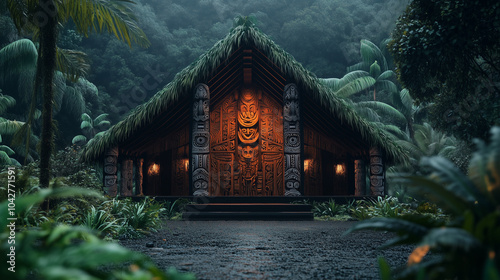 A traditional Maori meeting house adorned with intricate carvings, surrounded by lush greenery. v2