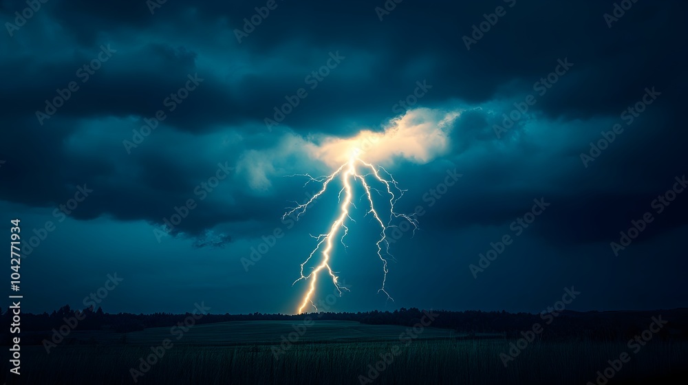 Fototapeta premium Dramatic Storm with Powerful Lightning Bolt Illuminating the Stormy Sky