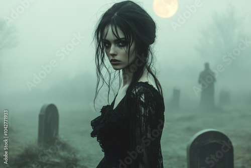 Goth inspired woman in cemetery, fashion and make-up shoot Portrait. Gothic, Goth, Emo, New Wave, Dark style fashion. Dark smokey make-up, red lipstick. Dramatic. Elegant.	
