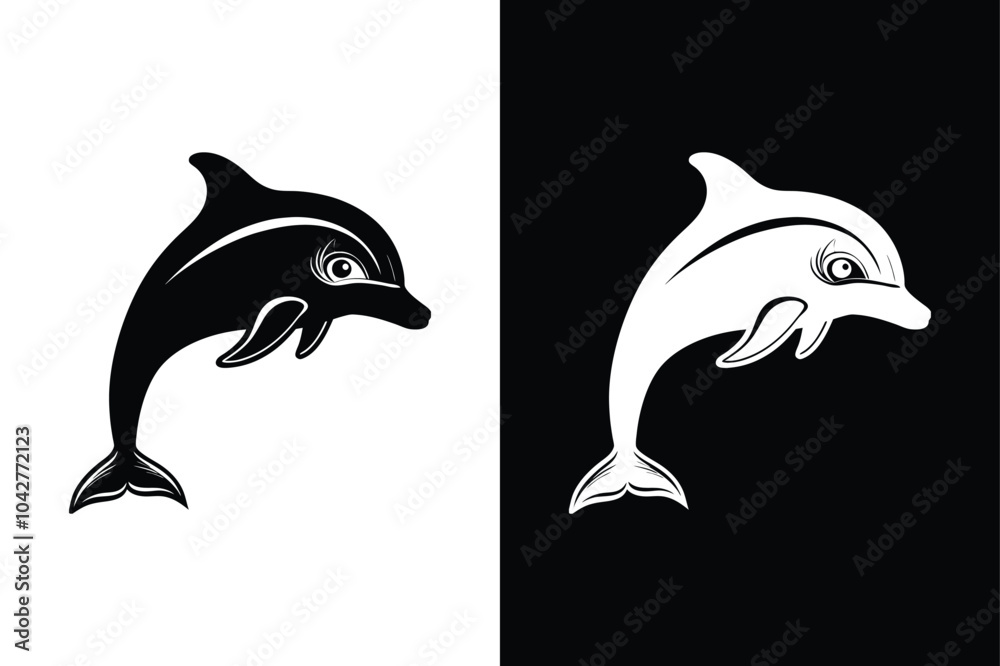 Obraz premium Minimal Dolphin Silhouette Icon. Crisp Black and White Designs