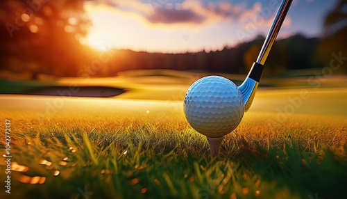 A moment of calm before the swing: a golf ball on a tee, bathed in golden light