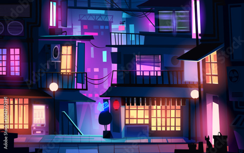 Night city street with road and building scene front view background. Neon light in dark urban downtown cityscape illustration. 2d skyscraper facade with glowing window and residential architecture
