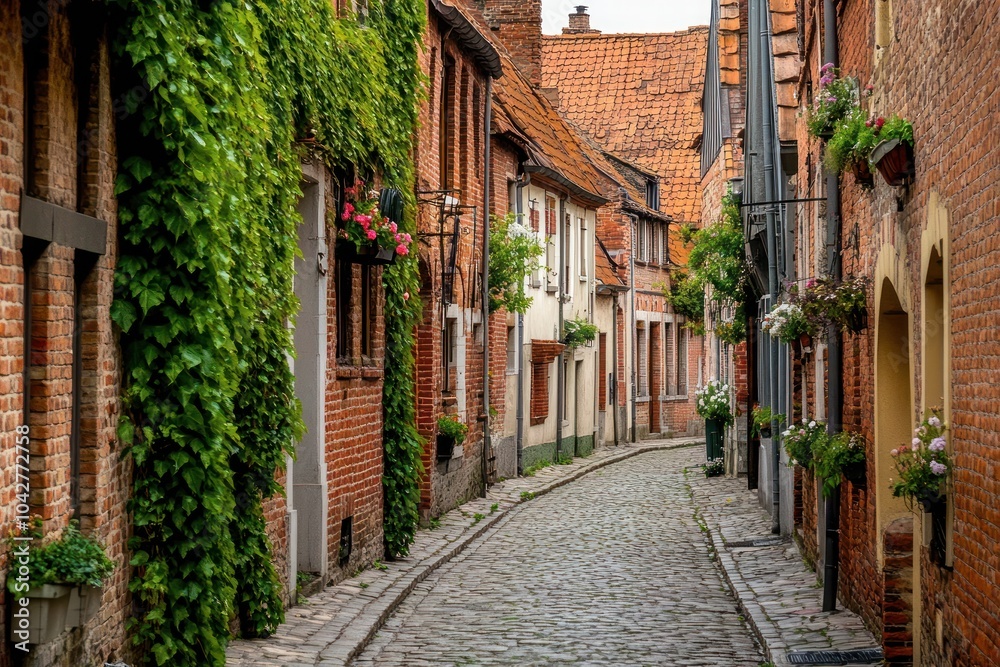 Fototapeta premium A charming cobblestone street lined with brick houses and greenery.