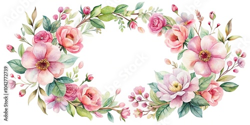 Wallpaper Mural Depth of field watercolor floral wreath pink flowers on white background Torontodigital.ca