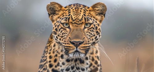 Close up of a leopard s face  striking golden fur, black rosettes, and piercing green eyes in jungle photo