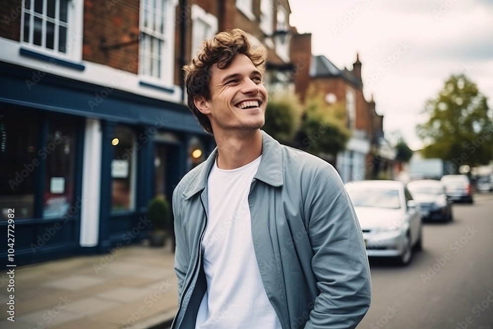Portrait of a handsome young man smiling while walking in a city Portrait of a handsome young man smiling while walking in a city
