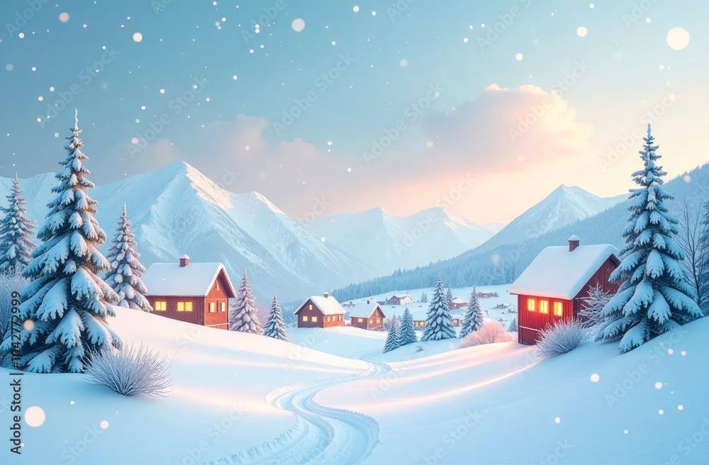Fototapeta premium Picturesque Christmas and New Year card featuring snow covered red houses nestled in a winter wonderland with pine trees and mountains
