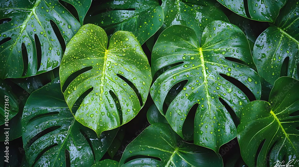 Fototapeta premium Green Tropical Leaves with Raindrops Illustration