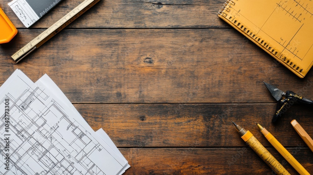Fototapeta premium A workspace with architectural plans and drafting tools.