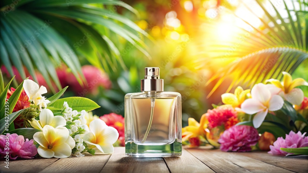 Description: A summer fragrance with a translucent perfume bottle and tropical flowers in the background Description: A summer fragrance with a translucent perfume bottle and tropical flowers in the background