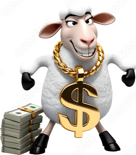 A Cartoon Sheep with a Golden Dollar Sign photo