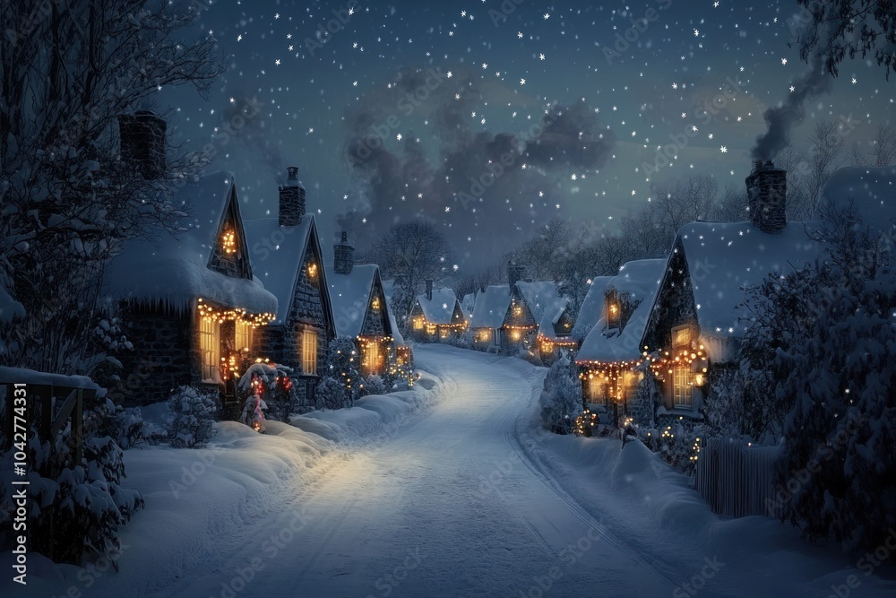 A serene winter village scene with snow-covered houses and festive lights. A serene winter village scene with snow-covered houses and festive lights.