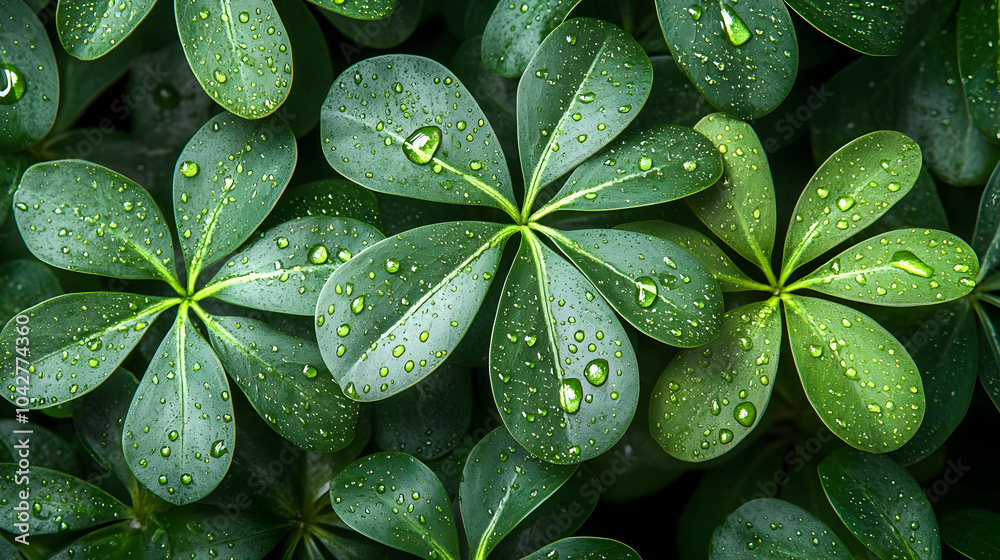 Close Up of Green Leaves with Dew Drops - Illustration Close Up of Green Leaves with Dew Drops - Illustration