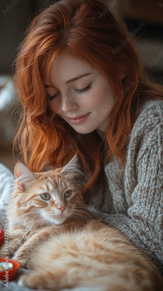 Redhead woman cuddling with ginger cat on knitted blanket