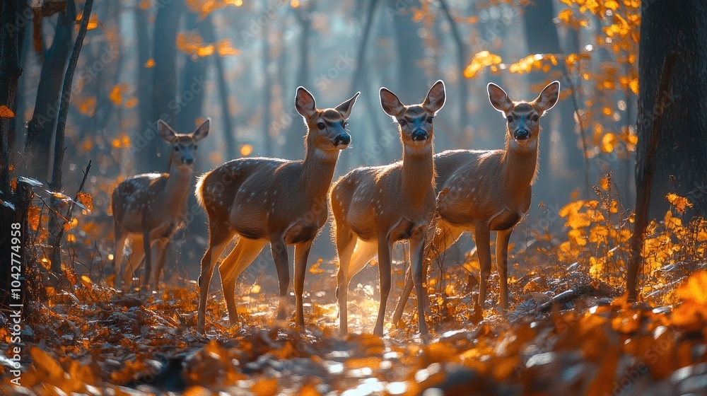 Fototapeta premium Group of fawn deer standing in autumn forest at sunset
