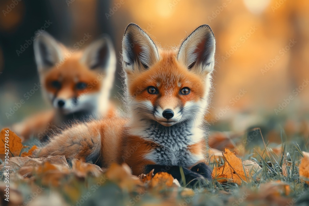 Two red fox cubs looking out from green bushes Two red fox cubs looking out from green bushes
