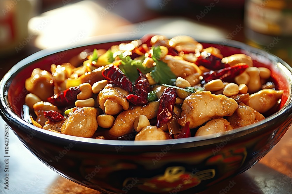 A bowl of Kung Pao chicken with cashews, red peppers, and cilantro A bowl of Kung Pao chicken with cashews, red peppers, and cilantro