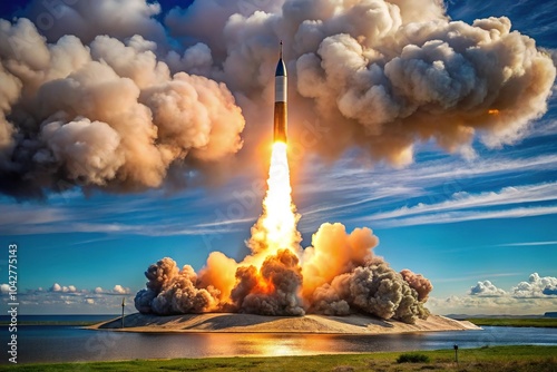 Description: Superheavy intercontinental ballistic missile rocket in front of a cloud of explosion photo