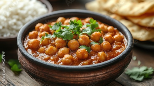 Bowl of chana masala sitting on rustic wooden table with naan and rice