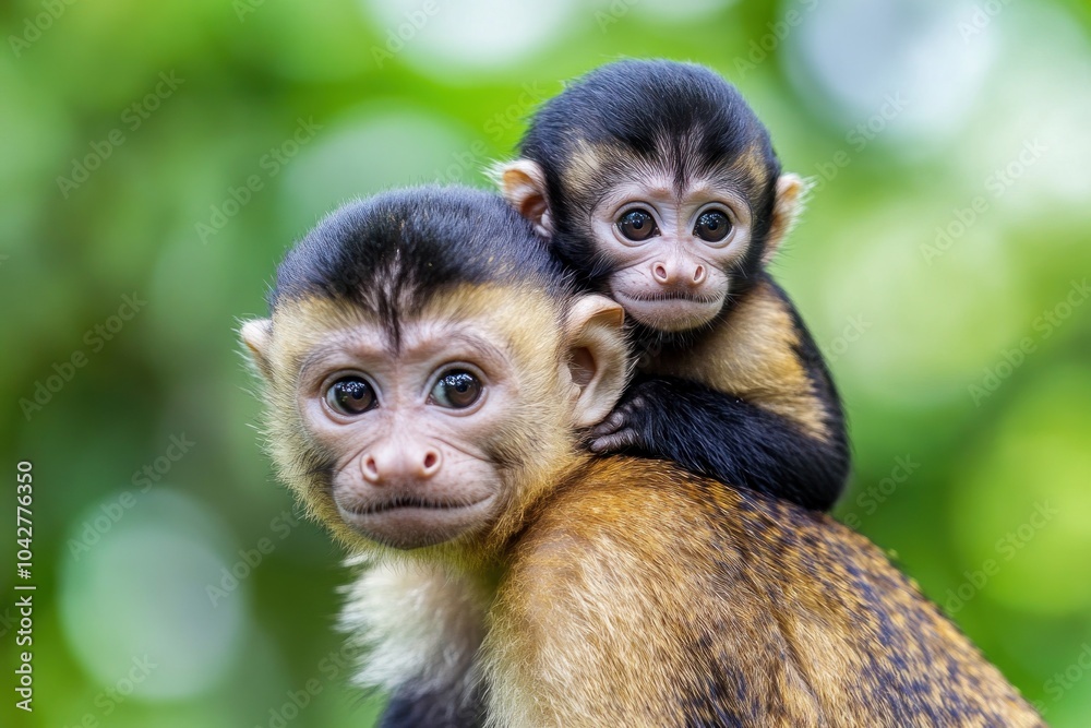 Two adorable monkeys, one riding on the back of another, set against a blurred green background. Two adorable monkeys, one riding on the back of another, set against a blurred green background.