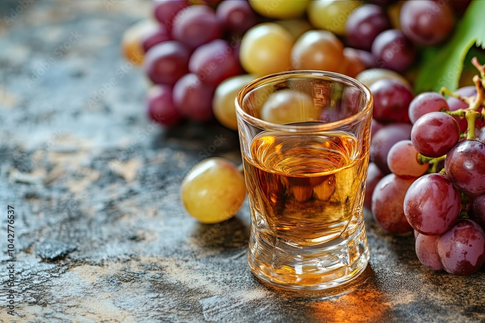 A Glass of Brandy with Grapes on a Rough Wooden Surface A Glass of Brandy with Grapes on a Rough Wooden Surface