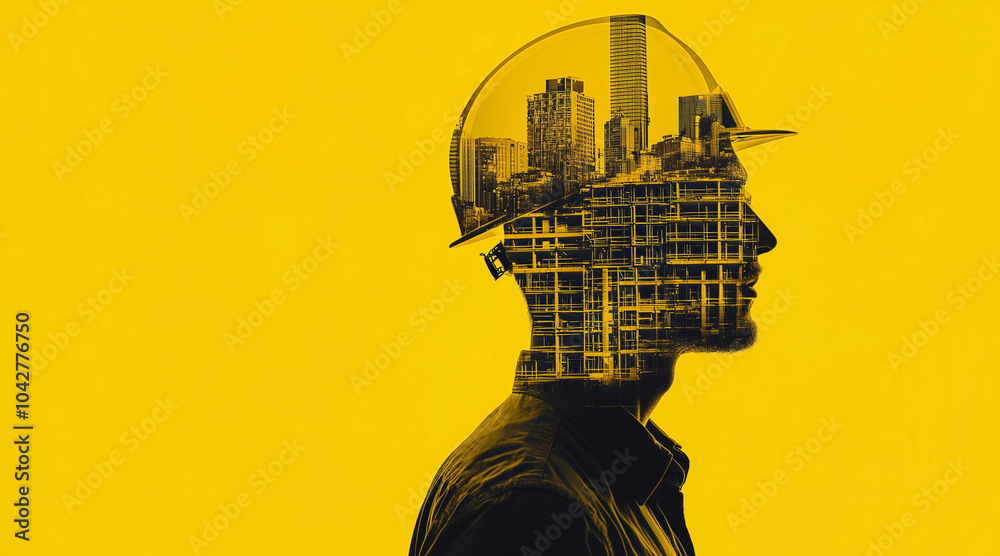 Double exposure of an engineer with a helmet and a cityscape on a yellow background. A concept for engineering industry or job safety advertisement. A side view of an industrial worker Double exposure of an engineer with a helmet and a cityscape on a yellow background. A concept for engineering industry or job safety advertisement. A side view of an industrial worker