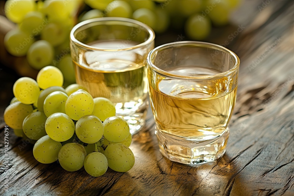 Two Glasses of White Wine with Green Grapes on a Rustic Wooden Table Two Glasses of White Wine with Green Grapes on a Rustic Wooden Table