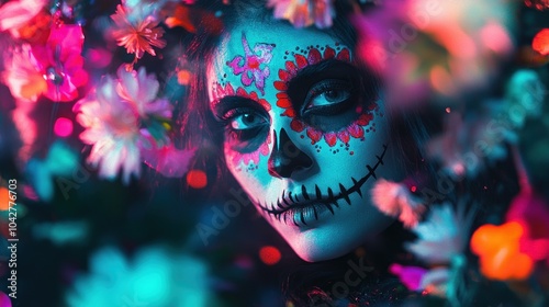 Mystical Skull Face in a Sea of Colorful Flora