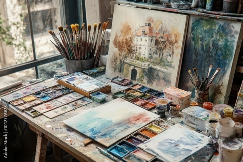 A Watercolor Artist's Workspace with Paintings and Supplies