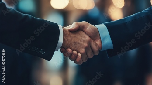 Two businessmen shaking hands in a business meeting.