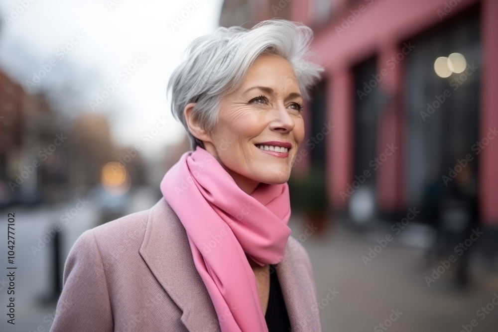 Portrait of a happy senior woman walking in the street with pink scarf Portrait of a happy senior woman walking in the street with pink scarf
